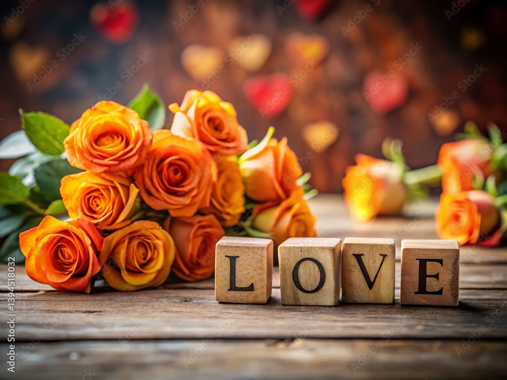 Romantic Wooden Block Spelling Love Displayed with Vibrant Orange Roses A Deeply Detailed Still Life