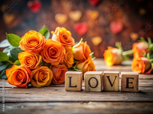 Obraz na płótnie Romantic Wooden Block Spelling Love Displayed with Vibrant Orange Roses A Deeply Detailed Still Life w salonie