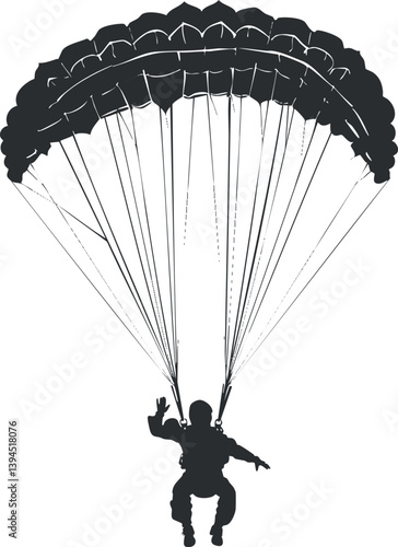 Silhouette of a parachutist descending with an open parachute against a white background.