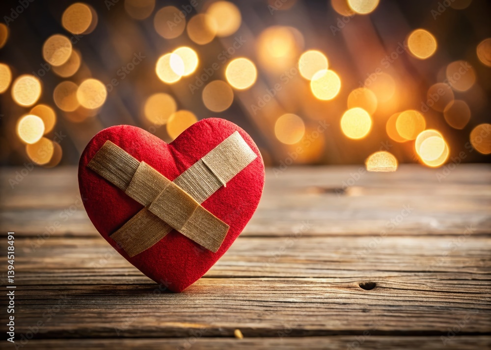 Healing Heart Symbol Wooden Heart Wrapped in Bandages Against a Soft Bokeh Background Perfect for Inspirational or