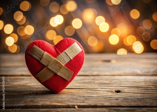 Obraz na płótnie Healing Heart Symbol Wooden Heart Wrapped in Bandages Against a Soft Bokeh Background Perfect for Inspirational or w salonie