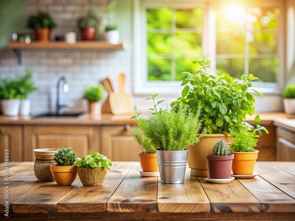Rustic Wooden Tabletop Mockup with Fresh Herbs A Versatile Kitchen Background for Product Photography
