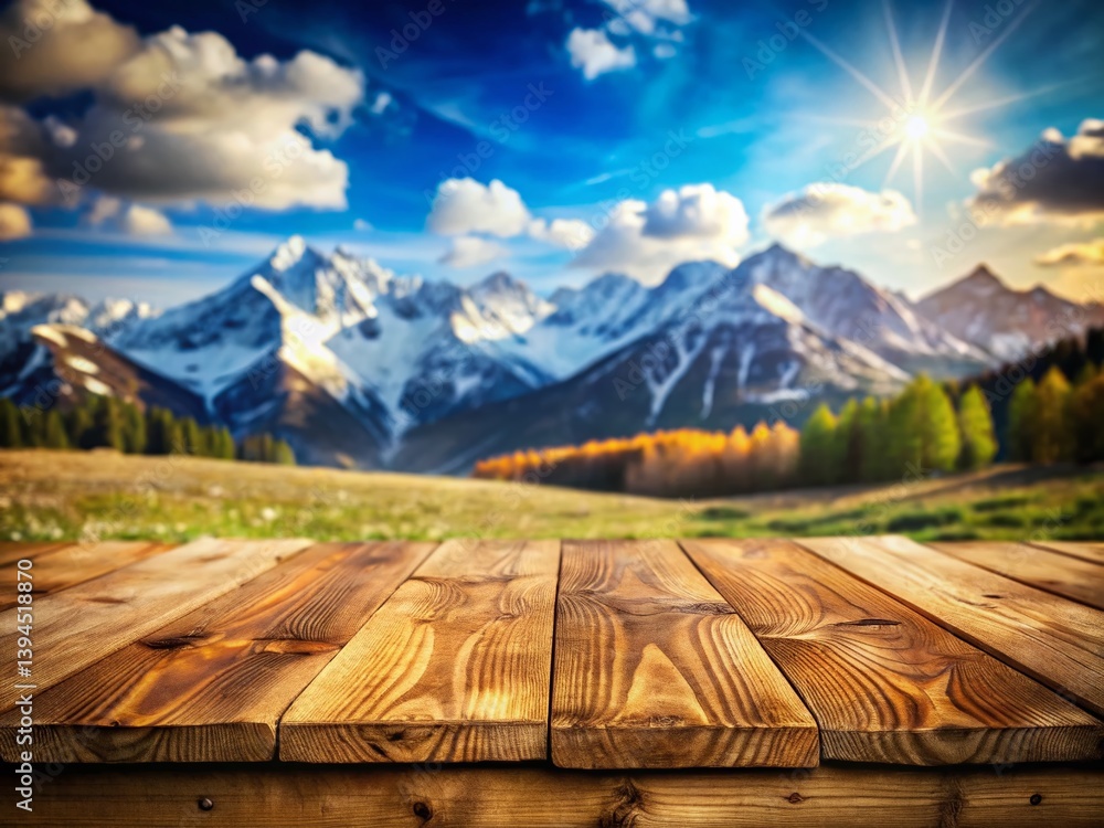 Rustic Wooden Table Product Display Against a Snowy Mountain Background A Stunning Advertising Image for Showcase and