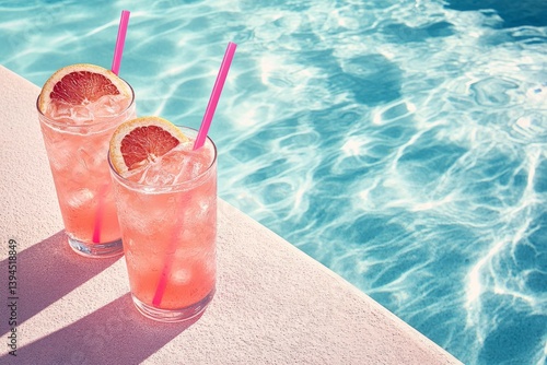 Refreshing grapefruit cocktails with pink straws by a sparkling swimming pool