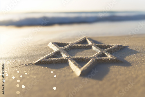 Star of David made of sand on a beach at sunset  