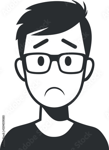 Black and white illustration of a sad cartoon character with glasses and a frowning expression.