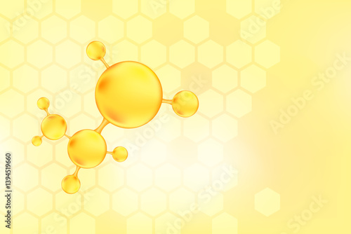 Gold honey serum, collagen molecule peptide or hyaluronic acid. Vitamin solution complex with honeycomb texture. Yellow glowing watercolor gradient background for beauty treatment, nutrition skin care