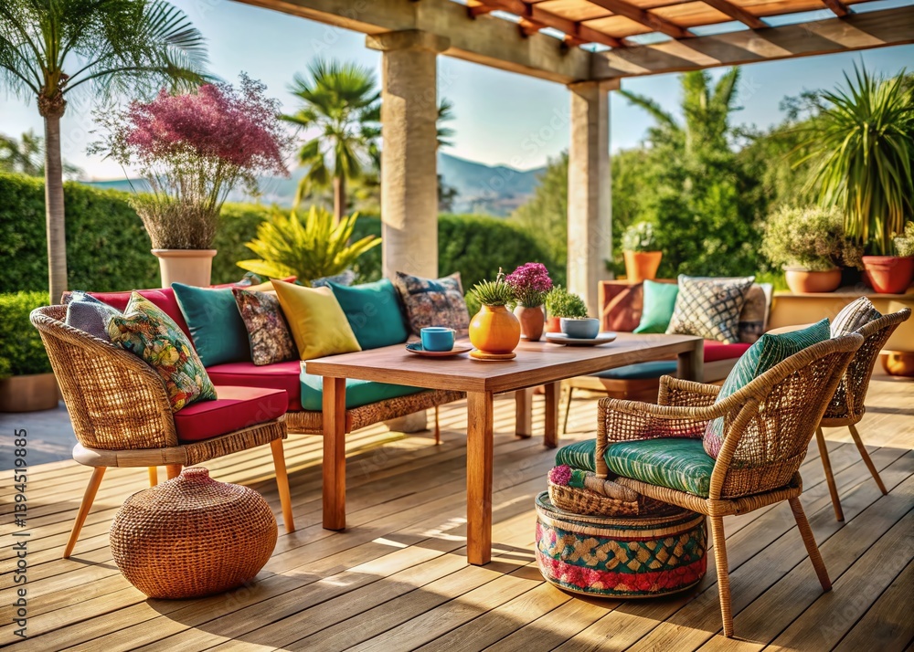 Stylish Outdoor Dining Set Under Pergola Woven Armchair and Table Perfect for Summer Entertaining