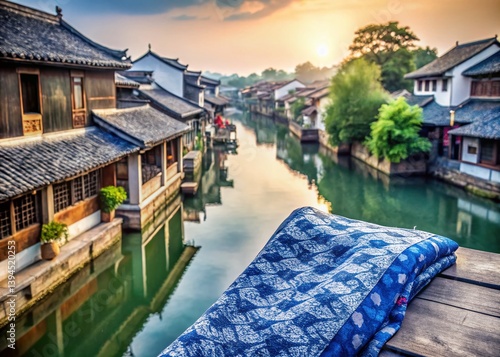 Obraz na płótnie Authentic Wuzhen Water Town Souvenir Handcrafted Indigo Calico Fabric for Traditional Chinese Decor w salonie