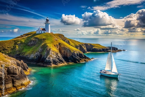 Majestic Yacht Sails Past Stumble Head Lighthouse Pembrokeshire Coast Wales A Stunning Coastal Scene