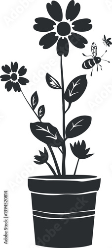 Silhouette of a potted flower with a bee hovering nearby, in a minimalist design.