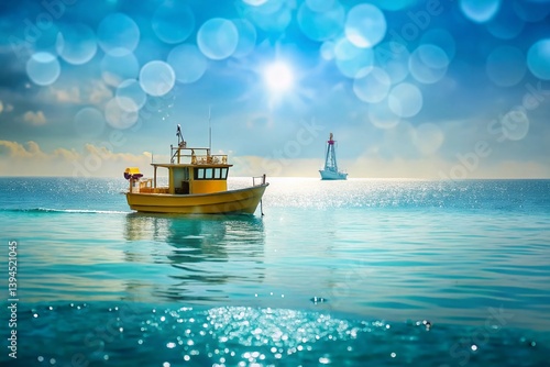 Obraz na płótnie Vibrant Yellow Boat on Turquoise Ocean with Offshore Oil Rig A Striking Coastal Scene Capturing the Balancing Act w salonie