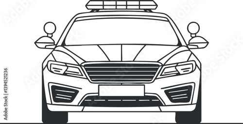 Black and white outline illustration of a police car viewed from the front with sirens.