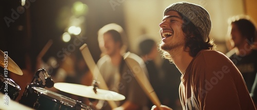 Wallpaper Mural A joyful drummer immersed in music-making, laughing heartily with friends, exudes infectious energy in a lively jam session under warm stage lights. Torontodigital.ca