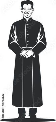 Silhouette of a male priest in traditional clerical robes, standing with hands clasped.
