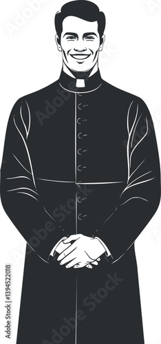 Black and white illustration of a smiling priest in traditional clerical attire.