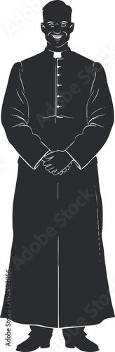 Silhouette of a priest in a cassock standing with hands clasped, representing religious clergy.