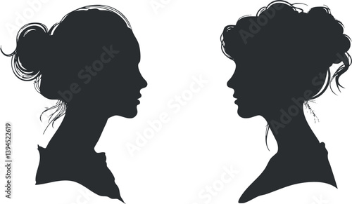 Elegant silhouette illustration of two women in profile, showcasing detailed hairstyles and features.
