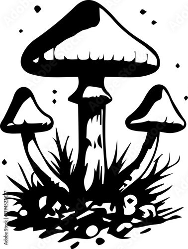 Creepy mushroom in tattoo style, black and white grunge vector 