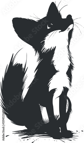 Silhouette of a fox in black and white, capturing its elegant form and bushy tail.