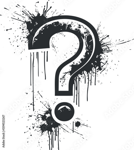 Grunge-style question mark with ink splatter design in black and white.