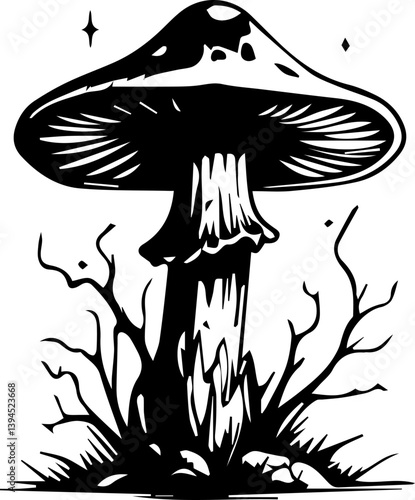 Creepy mushroom in tattoo style, black and white grunge vector 