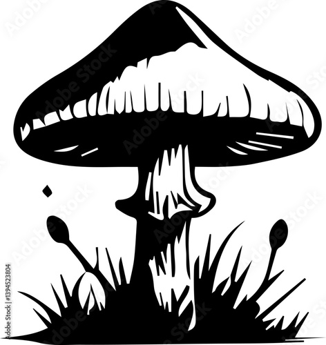 Creepy mushroom in tattoo style, black and white grunge vector 