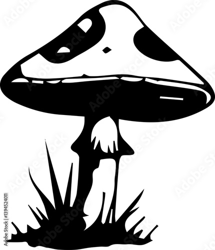 Creepy mushroom in tattoo style, black and white grunge vector 