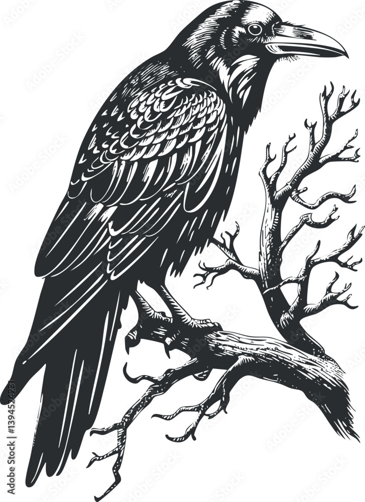 Obraz premium Detailed black and white illustration of a raven perched on a bare branch.