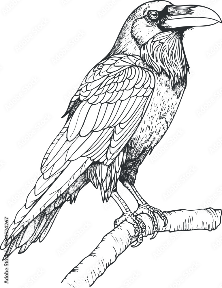 Obraz premium Detailed line art illustration of a raven perched on a branch, showcasing intricate feather design.