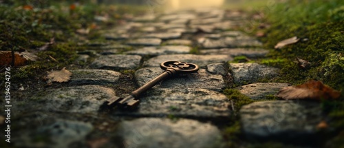 Wallpaper Mural A vintage key rests on a moss-covered cobblestone path, embodying mystery and history within a timeless, enchanted setting. Torontodigital.ca
