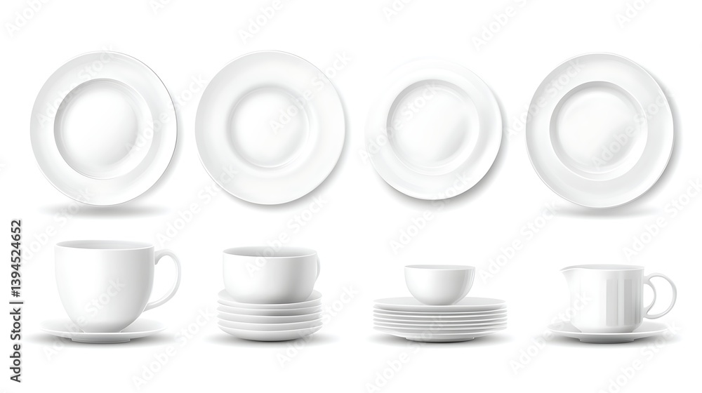 White tableware set, various sizes, on white background, for kitchen design, stock photo