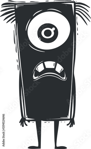 Black and white illustration of a tall, one-eyed cartoon monster with a frowning expression.