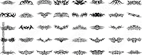 Neo tribal art constructor. Y2k cyber sigil aesthetic tattoo, simmetric ethnic celtic shape. Vector illustration of emo gothic tribal tattoo designs