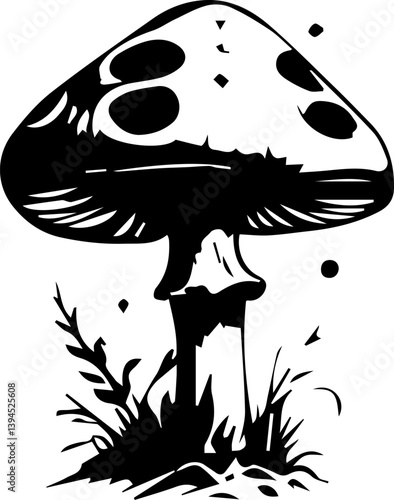 Creepy mushroom in tattoo style, black and white grunge vector 
