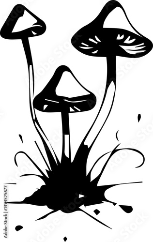 Creepy mushroom in tattoo style, black and white grunge vector 