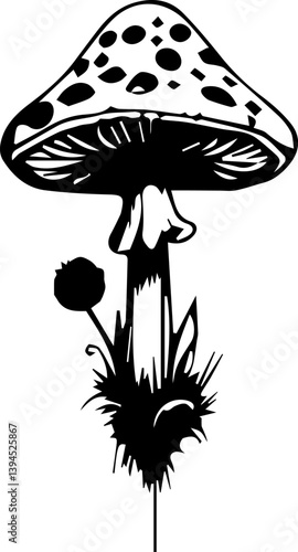 Creepy mushroom in tattoo style, black and white grunge vector 