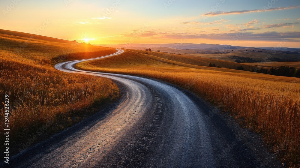 A winding road through golden fields at sunset, creating a serene and picturesque landscape. A winding road through golden fields at sunset, creating a serene and picturesque landscape.