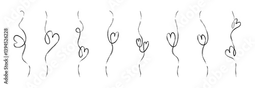 Love heart line frame. Art stroke sketch divider for wedding elegant illustration. Romantic ornament with simple thin scribble motif. Linear grunge ink element for decorative vertical boarder.