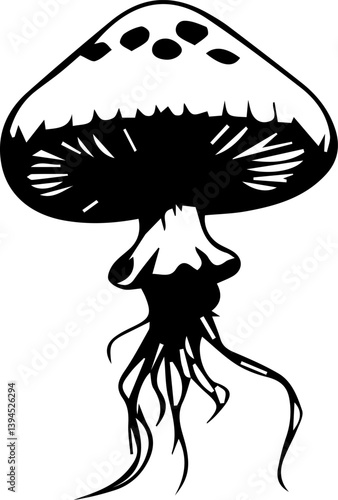 Creepy mushroom in tattoo style, black and white grunge vector 