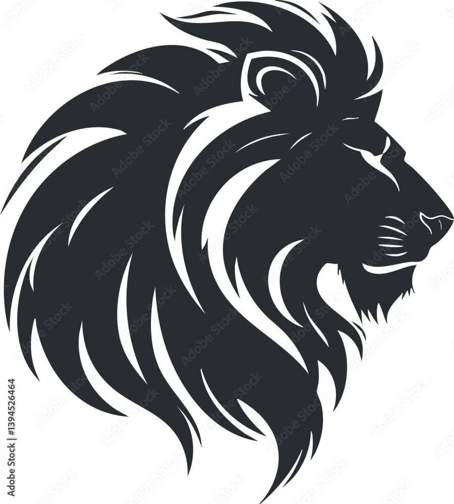 Fototapeta premium Black silhouette of a lion's head with flowing mane in a bold graphic design.