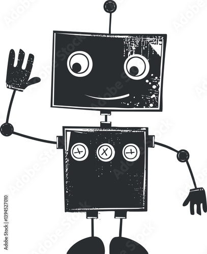 Black and white illustration of a cheerful cartoon robot waving with a friendly expression.