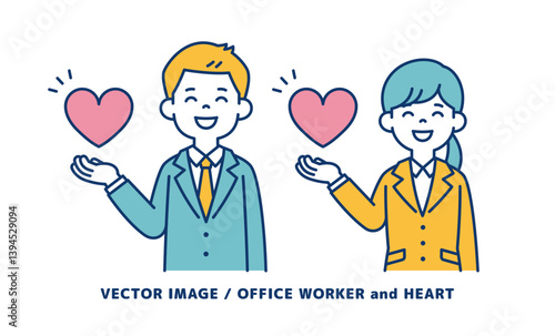 笑顔でハートを浮かべる、若い男女の会社員のベクターイラスト素材セット＿線の編集可能