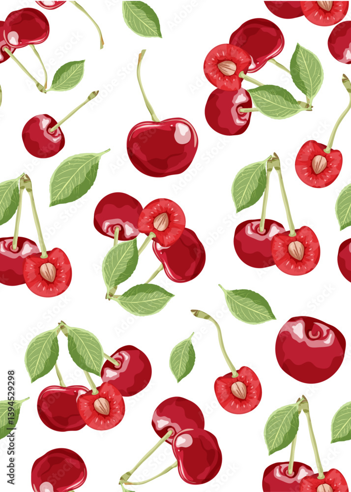 Seamless pattern with cherries berries with green leaves and stems. Vector fresh fruit food. Seamless pattern with cherries berries with green leaves and stems. Vector fresh fruit food.