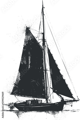 Monochrome illustration of a sailboat with detailed sails and mast on a white background.