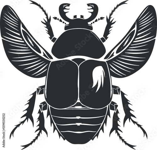 Monochrome silhouette of a scarab beetle with detailed wings and horns in a decorative style.