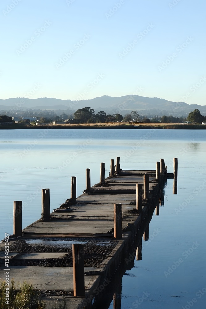 Naklejka premium Serene Lake Pier Landscape, Tranquil Water, Distant Mountains, Wooden Dock