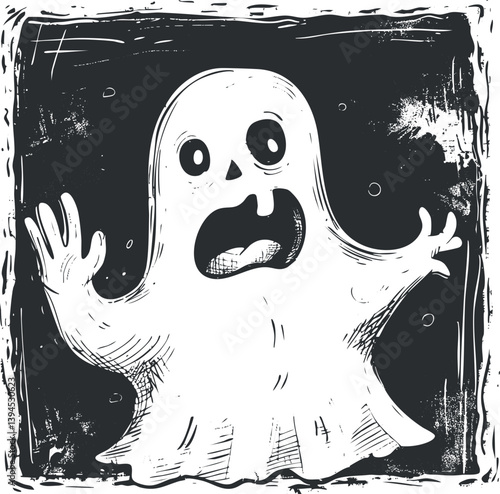 A cartoon ghost illustration with a frightened expression, in black and white, spooky theme.