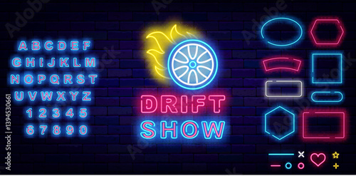 Drift show neon banner. Burning wheel with fire. Geometric frames set. Shiny blue alphabet. Vector stock illustration