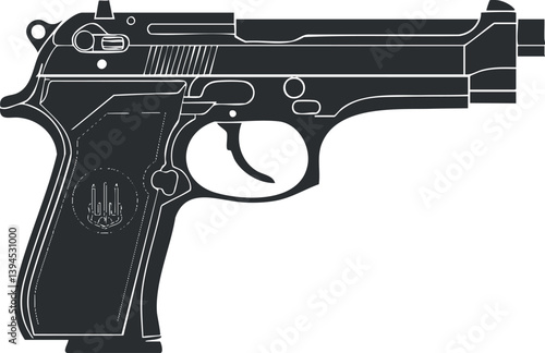 Black and white vector illustration of a pistol outline with intricate detailing.